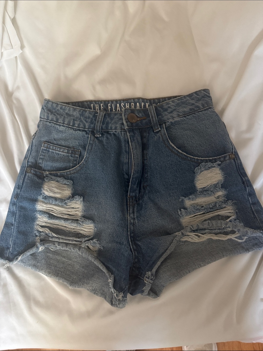 High-Rise Distressed Denim Shorts - Blue